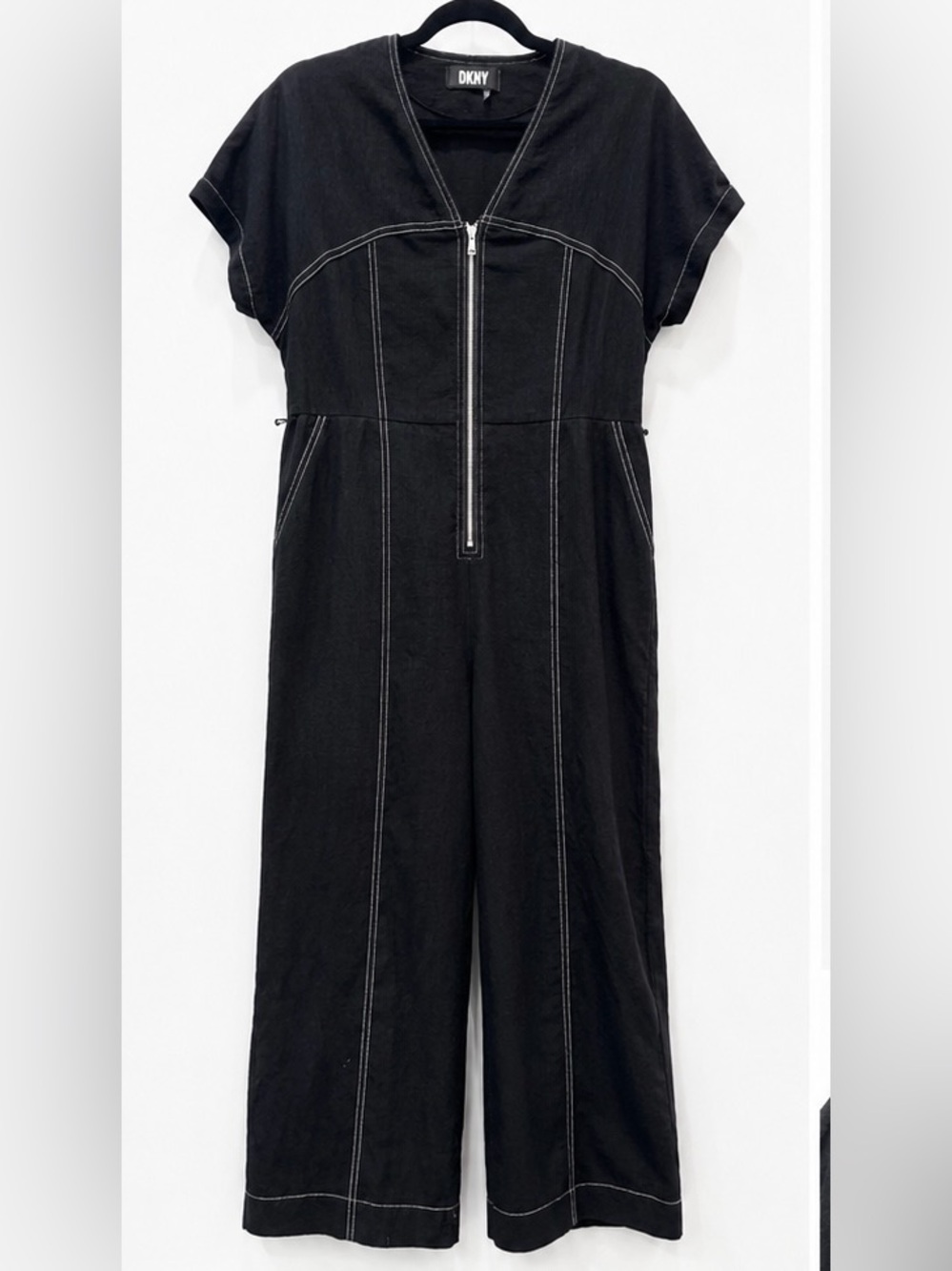 DKNY Black Contrast Stitch Zip Front Wide Leg Jumpsuit Women’s Size M